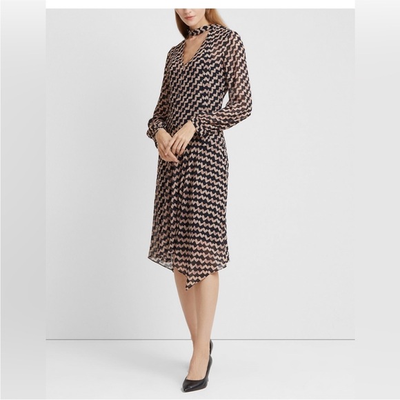 Theory Black and Tan Geometric Long Sleeve Dress, US2 - Picture 3 of 10